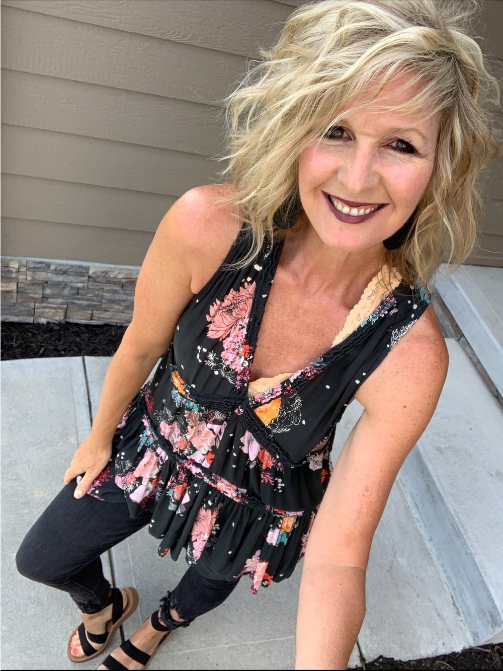 Free People Black Floral V-Neck Tiered Sleeveless Tunic